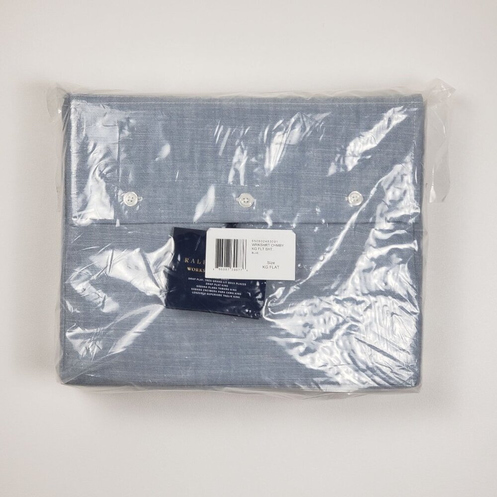 Ralph Lauren Workshirt Chambray King Flat Sheet Blue Luxury Bedding, 114"x108" - Picture 15 of 16